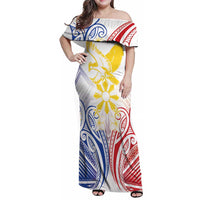 Philippines Tribal Sun Personalized Family Matching Off Shoulder Maxi Dress and Hawaiian Shirt Hunting Eagle LT7 Mom's Dress White - Polynesian Pride