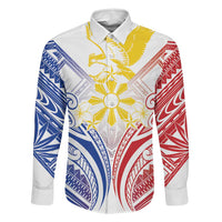 Philippines Tribal Sun Personalized Family Matching Tank Maxi Dress and Hawaiian Shirt Hunting Eagle LT7 Dad's Shirt - Long Sleeve White - Polynesian Pride