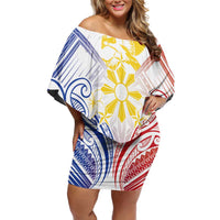 Philippines Tribal Sun Personalized Off Shoulder Short Dress Hunting Eagle LT7 Women White - Polynesian Pride