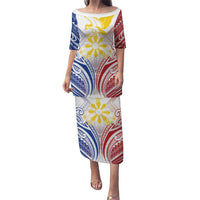Philippines Tribal Sun Personalized Puletasi Hunting Eagle LT7 Long Dress White - Polynesian Pride