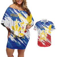 Personalized Filipino Sun and Stars Couples Matching Off Shoulder Short Dress and Hawaiian Shirt Grunge Vibes
