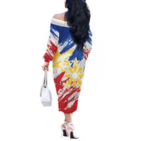 Personalized Filipino Sun and Stars Off The Shoulder Long Sleeve Dress Grunge Vibes LT7 - Polynesian Pride
