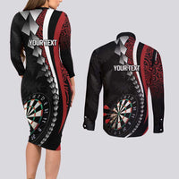 Personalized New Zealand Darts Couples Matching Long Sleeve Bodycon Dress and Long Sleeve Button Shirt Kowhaiwhai Whero Koiri - Manaia