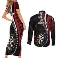 Personalized New Zealand Darts Couples Matching Short Sleeve Bodycon Dress and Long Sleeve Button Shirt Kowhaiwhai Whero Koiri - Manaia