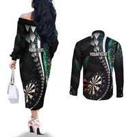 Personalized New Zealand Darts Couples Matching Off The Shoulder Long Sleeve Dress and Long Sleeve Button Shirt Paua Shell Koiri - Manaia