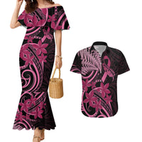 Aotearoa Maori Couples Matching Mermaid Dress and Hawaiian Shirt Pink Fern Ribbons on Black - Polynesian Pride