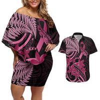 Aotearoa Maori Couples Matching Off Shoulder Short Dress and Hawaiian Shirt Pink Fern Ribbons on Black - Polynesian Pride