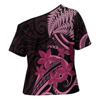 Aotearoa Maori Cross Shoulder Shirt Pink Fern Ribbons on Black - Polynesian Pride