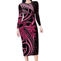 Aotearoa Maori Family Matching Long Sleeve Bodycon Dress and Hawaiian Shirt Pink Fern Ribbons on Black - Polynesian Pride