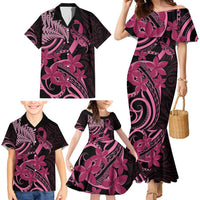 Aotearoa Maori Family Matching Mermaid Dress and Hawaiian Shirt Pink Fern Ribbons on Black - Polynesian Pride