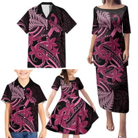Aotearoa Maori Family Matching Puletasi and Hawaiian Shirt Pink Fern Ribbons on Black - Polynesian Pride