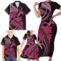 Aotearoa Maori Family Matching Short Sleeve Bodycon Dress and Hawaiian Shirt Pink Fern Ribbons on Black - Polynesian Pride