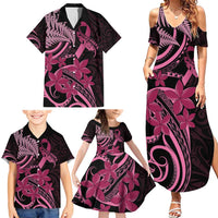 Aotearoa Maori Family Matching Summer Maxi Dress and Hawaiian Shirt Pink Fern Ribbons on Black - Polynesian Pride