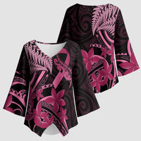 Aotearoa Maori Kimono Sleeve Blouse Pink Fern Ribbons on Black - Polynesian Pride