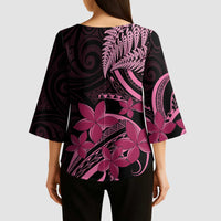 Aotearoa Maori Kimono Sleeve Blouse Pink Fern Ribbons on Black - Polynesian Pride
