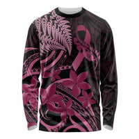 Aotearoa Maori Long Sleeve Shirt Pink Fern Ribbons on Black LT7 Unisex Black - Polynesian Pride