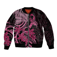 Aotearoa Maori Sleeve Zip Bomber Jacket Pink Fern Ribbons on Black - Polynesian Pride
