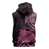 Aotearoa Maori Sleeveless Hoodie Pink Fern Ribbons on Black - Polynesian Pride