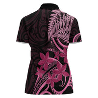 Aotearoa Maori Women Polo Shirt Pink Fern Ribbons on Black - Polynesian Pride