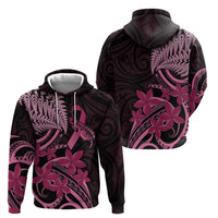 Aotearoa Maori Zip Hoodie Pink Fern Ribbons on Black - Polynesian Pride