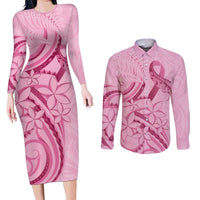Aotearoa Maori Couples Matching Long Sleeve Bodycon Dress and Long Sleeve Button Shirt Pink Fern Ribbons - Polynesian Pride