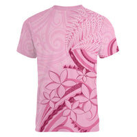 Aotearoa Maori Women V-Neck T-Shirt Pink Fern Ribbons - Polynesian Pride