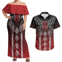Aotearoa Maori Iwi Heritage Couples Matching Off Shoulder Maxi Dress and Hawaiian Shirt Ngapuhi Kokowai LT7 Red - Polynesian Pride