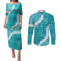 Hawaii Aloha Couples Matching Puletasi and Long Sleeve Button Shirt Teal Quilt Patch Work Mix Plumeria Lei LT7 Teal - Polynesian Pride