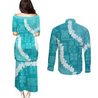 Hawaii Aloha Couples Matching Puletasi and Long Sleeve Button Shirt Teal Quilt Patch Work Mix Plumeria Lei LT7 - Polynesian Pride