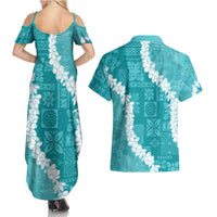 Hawaii Aloha Couples Matching Summer Maxi Dress and Hawaiian Shirt Teal Quilt Patch Work Mix Plumeria Lei