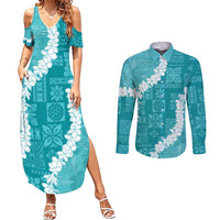 Hawaii Aloha Couples Matching Summer Maxi Dress and Long Sleeve Button Shirt Teal Quilt Patch Work Mix Plumeria Lei LT7 Teal - Polynesian Pride