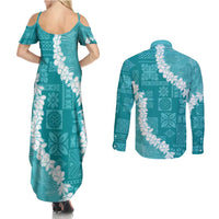 Hawaii Aloha Couples Matching Summer Maxi Dress and Long Sleeve Button Shirt Teal Quilt Patch Work Mix Plumeria Lei LT7 - Polynesian Pride