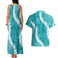 Hawaii Aloha Couples Matching Tank Maxi Dress and Hawaiian Shirt Teal Quilt Patch Work Mix Plumeria Lei