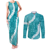 Hawaii Aloha Couples Matching Tank Maxi Dress and Long Sleeve Button Shirt Teal Quilt Patch Work Mix Plumeria Lei LT7 Teal - Polynesian Pride