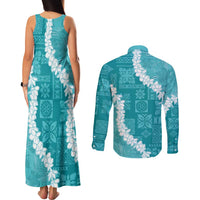 Hawaii Aloha Couples Matching Tank Maxi Dress and Long Sleeve Button Shirt Teal Quilt Patch Work Mix Plumeria Lei LT7 - Polynesian Pride