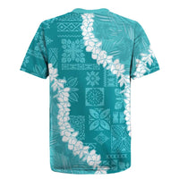 Hawaii Aloha Rugby Jersey Teal Quilt Patch Work Mix Plumeria Lei