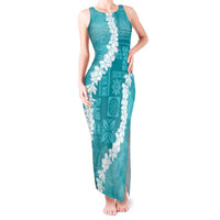 Hawaii Aloha Tank Maxi Dress Teal Quilt Patch Work Mix Plumeria Lei