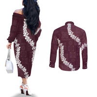 Hawaii Aloha Couples Matching Off The Shoulder Long Sleeve Dress and Long Sleeve Button Shirt Champange Quilt Patch Work Mix Plumeria Lei