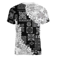 Hawaii Aloha Women V-Neck T-Shirt White Quilt Patch Work Mix Plumeria Lei