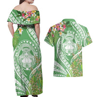 Aloha Molokai Island Couples Matching Off Shoulder Maxi Dress and Hawaiian Shirt Hawaii Pua Kukui