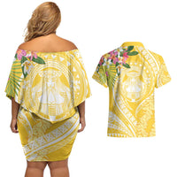 Aloha Hawaii Oahu Couples Matching Off Shoulder Short Dress and Hawaiian Shirt Wahine with Ilima Lei
