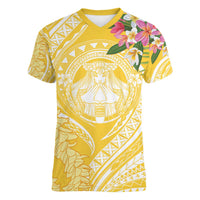 Aloha Hawaii Oahu Women V-Neck T-Shirt Wahine with Ilima Lei LT7 Female Yellow - Polynesian Pride