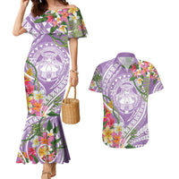 Aloha Hawaii Kauai Couples Matching Mermaid Dress and Hawaiian Shirt Frangipani Mix Mokihana Lei