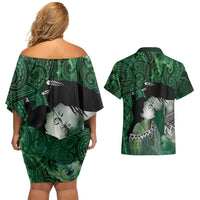 New Zealand Aroha Koe Mama Couples Matching Off Shoulder Short Dress and Hawaiian Shirt Maori Hongi - Pounamu