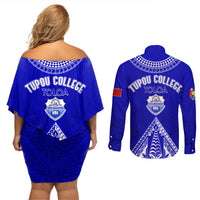 Personalised Tupou College Toloa Couples Matching Off Shoulder Short Dress and Long Sleeve Button Shirts Tongan Kupesi - Special LT7 - Polynesian Pride
