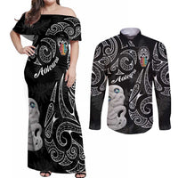 Kia Hara Te reo Maori Couples Matching Off Shoulder Maxi Dress and Long Sleeve Button Shirt Manaia Moko Pattern LT7 Black - Polynesian Pride