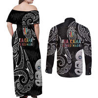 Kia Hara Te reo Maori Couples Matching Off Shoulder Maxi Dress and Long Sleeve Button Shirt Manaia Moko Pattern LT7 - Polynesian Pride