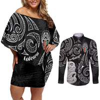 Kia Hara Te reo Maori Couples Matching Off Shoulder Short Dress and Long Sleeve Button Shirt Manaia Moko Pattern LT7 Black - Polynesian Pride