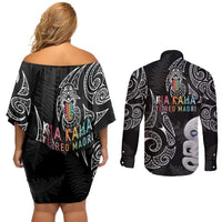 Kia Hara Te reo Maori Couples Matching Off Shoulder Short Dress and Long Sleeve Button Shirt Manaia Moko Pattern LT7 - Polynesian Pride
