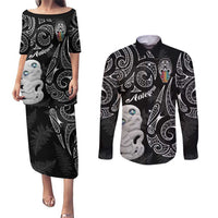 Kia Hara Te reo Maori Couples Matching Puletasi and Long Sleeve Button Shirt Manaia Moko Pattern LT7 Black - Polynesian Pride